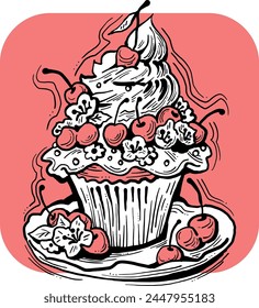 Sweet tasty dessert cupcake with cream and deco for morning breakfast in café or restaurant. Mini birthday cake for pleasure. Hand drawn retro vintage colorful vector illustration. Old style drawing.