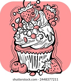 Sweet tasty dessert cupcake with cream and deco for morning breakfast in café or restaurant. Mini birthday cake for pleasure. Hand drawn retro vintage colorful vector illustration. Old style drawing.