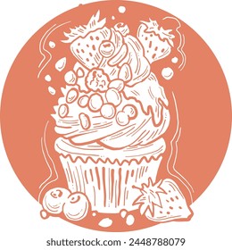 Sweet tasty dessert cupcake with cream and deco for morning breakfast in café or restaurant. Mini birthday cake for pleasure. Hand drawn retro vintage colorful vector illustration. Old style drawing.