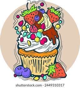 Sweet tasty dessert cupcake with cream and deco for morning breakfast in café or restaurant. Mini birthday cake for pleasure. Hand drawn retro vintage colorful vector illustration. Old style drawing.