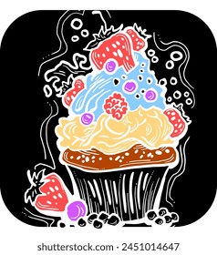 Sweet tasty dessert cupcake with cream and deco for morning breakfast in café or restaurant. Mini birthday cake for pleasure. Hand drawn retro vintage colorful vector illustration. Old style drawing.