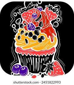 Sweet tasty dessert cupcake with cream and deco for morning breakfast in café or restaurant. Mini birthday cake for pleasure. Hand drawn retro vintage colorful vector illustration. Old style drawing.