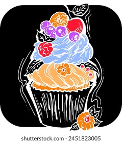 Sweet tasty dessert cupcake with cream and deco for morning breakfast in café or restaurant. Mini birthday cake for pleasure. Hand drawn retro vintage colorful vector illustration. Old style drawing.