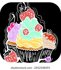 Sweet tasty dessert cupcake with cream and deco for morning breakfast in café or restaurant. Mini birthday cake for pleasure. Hand drawn retro vintage colorful vector illustration. Old style drawing.