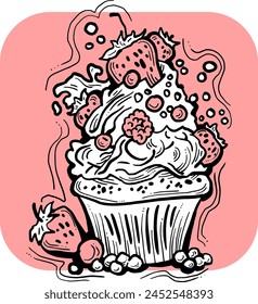 Sweet tasty dessert cupcake with cream and deco for morning breakfast in café or restaurant. Mini birthday cake for pleasure. Hand drawn retro vintage colorful vector illustration. Old style drawing.