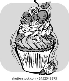 Sweet tasty dessert cupcake with cream and deco for morning breakfast in café or restaurant. Mini birthday cake for pleasure. Hand drawn retro vintage colorful vector illustration. Old style drawing.