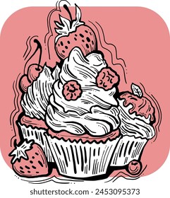 Sweet tasty dessert cupcake with cream and deco for morning breakfast in café or restaurant. Mini birthday cake for pleasure. Hand drawn retro vintage colorful vector illustration. Old style drawing.