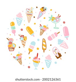 Sweet Tasty Desserts in Circular Shape, Ice Cream Banner, Poster, Background Template Vector Illustration