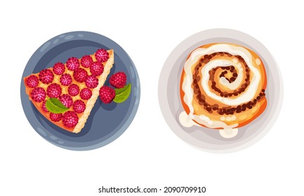 Sweet tasty desserts set. Cheesecake with berries and cinnamon bun confectionery sweets vector illustration