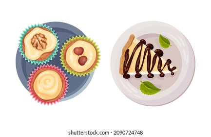 Sweet tasty desserts set. Cupcakes and piece of cheesecake, confectionery sweets vector illustration