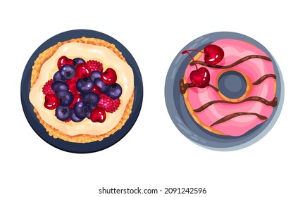 Se preparan postres deliciosos y dulces. Panqueques con bayas e ilustraciones vectoriales de donut glaseados