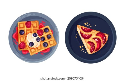 Se preparan postres deliciosos y dulces. Waffles con crema y bayas batidas y trozo de tarta de fruta, dulces de confitería ilustraciones vectoriales