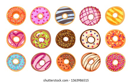 Sweet tasty donuts set.Culinary products isolated on white background.Colorful pastries rich toppings and flavor.Strawberry, chocolate,caramel,stars,heart,orange sugar glazed.Vector illustration