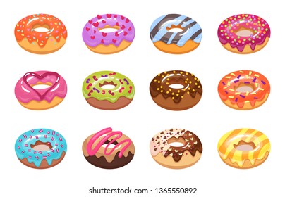 Sweet tasty donuts set.Culinary products isolated on white background.Colorful pastries rich toppings and flavor.Strawberry, chocolate,caramel,stars,heart,orange sugar glazed.Vector illustration