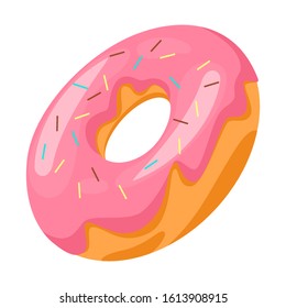 Sweet tasty doughgnut with pink strawberry glaze and colorfull sprinkles. Junk food idea. Vector illustration in flat style