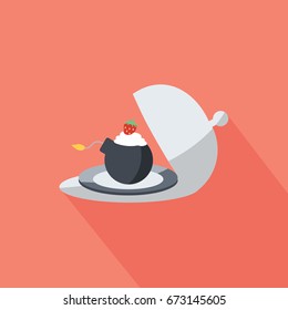 sweet & tasty explosion dessert vector isolated of round cannon bomb & fuse with one strawberry & whipped cream on plate flat design style icon in a silver cloche. exploding fire cartoon for business