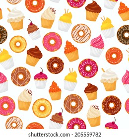 Sweet and tasty food dessert donut and cupcakes seamless pattern vector illustration