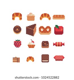 Sweet tasty food pixel art icon set. Baked and coffee. Design sticker, logo bakery. Chocolate donut, wafer, berries, cake, biscuits, croissant, candy and cookies isolated vector illustration. 8-bit.