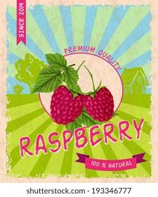 Sweet tasty garden raspberry premium quality retro poster vector illustration