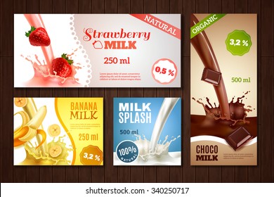 Sweet tasty milk with different flavours realistic banners set on wood isolated vector illustration 