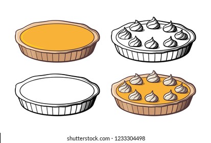 Sweet tasty pumpkin pie decorated with cream. Retro-style vector illustration. Colored and outline