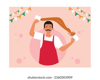 The sweet tea drink seller, an Indian man with a mustache and wearing a red apron, pulled liquid from a glass. Character design. Vector flat illustration