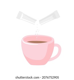 Süßer Tee. Granulat fällt aus zerrissenen Beuteln in eine Tasse Tee. Zubereitung aus zuckerhaltigem Getränk. Zuckerbeutel. Weißer raffinierter Zucker - einzelne Portionen. Cartoon, Vektorgrafik einzeln auf Weiß.