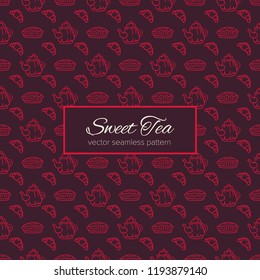 Sweet tea hand drawn seamless vector pattern. Tea pot, cups and leaves doodle background. Simple sketch texture for cozy food and drink design packages