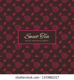 Sweet tea hand drawn seamless vector pattern. Tea cups, lemons and leaves doodle background. Simple sketch texture for cozy food and drink design packages