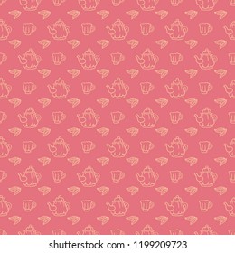 Sweet tea hand drawn seamless vector pattern. Tea pot, cups and leaves doodle background. Simple sketch texture for cozy food and drink design packages
