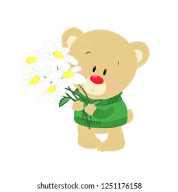 Sweet teddy bear in green sweater holding bunch of flowers. Greeting concept. Vector illustration can be used for topics like special day, anniversary, romance