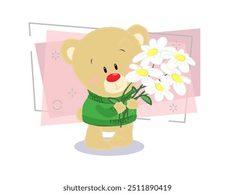 Sweet teddy bear in green sweater holding bunch of flowers. Greeting concept. Vector illustration can be used for topics like special day, anniversary, romance