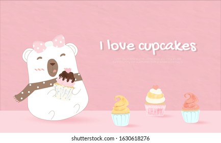 the sweet teddy bear is holding chocolate watercolor cupcakes.she loves to eat dessert food.cartoon has bow on head.muffin put on paper pastel pink background.cute character for bakery lover card.