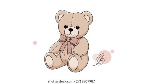 Ilustración de oso de peluche dulce con un Grande lazo rosa, sentado cerca de una hoja delicada y círculos rosados sobre un fondo blanco.