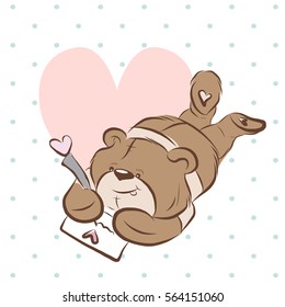 Sweet teddy  bear lying on the floor.Writing letter.