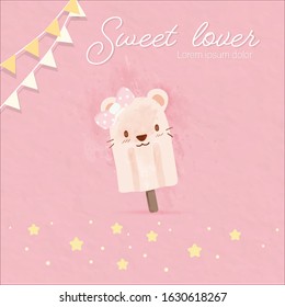 the sweet teddy bear popsicle ice cream lover put on pink pastel paper background.decoration with flags and starts dots yellow.dessert thing has bow on head.cute postcard design cafe food.