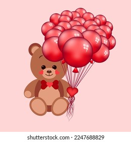 Sweet teddy with a bow tie and red balls sitting on pink background