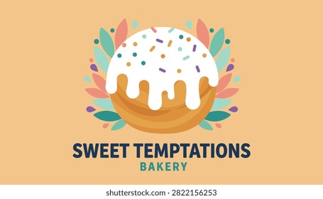 Sweet temptations bakery logo features a delicious glazed donut decorated with colorful sprinkles and leaves.