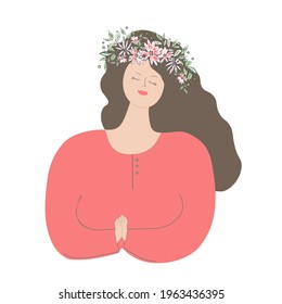 Sweet, sweet and tender mother with a wreath of flowers in her hair. Mother's Day greeting card. Poster or banner template. Vector illustration.