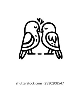 Dulce y tierno, este doodle blanco y negro representa a dos pájaros que comparten un suave beso, capturando la esencia del amor y la conexión. Ilustración vectorial de besar palomas con corazones.