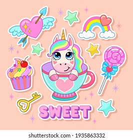 Sweet text. Cute unicorn in blue teacup with winged heart, rainbow, stars and key. Vector sticker set