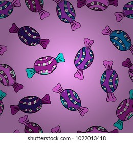 Sweet for textile, cards, web design: delicious realistic seamles background: graphic fantastic candy in cosmos. Vector seamless pattern with candy in pink, black and violet universe.