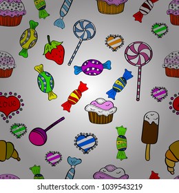 Sweet for textile, cards, web design: delicious realistic seamles background: graphic fantastic candy. Vector seamless pattern with candy in white, black and red.
