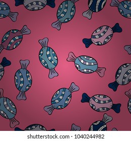 Sweet for textile, cards, web design: delicious realistic seamles background: graphic fantastic candy. Vector seamless pattern with candy in pink, blue and black.