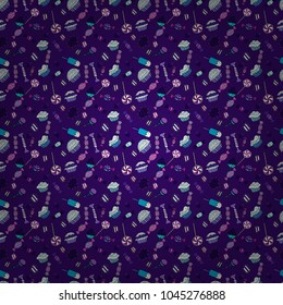 Sweet for textile, cards, web design: delicious realistic seamles background: graphic fantastic candy. Vector seamless pattern with candy in violet, blue and black.