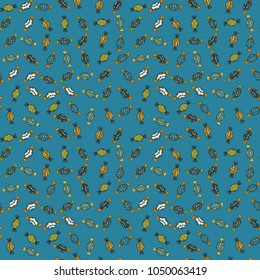 Sweet for textile, cards, web design: delicious realistic seamles background: graphic fantastic candy. Vector seamless pattern with candy in blue, black and yellow.