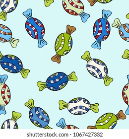 Sweet for textile, cards, web design: delicious realistic seamless background: graphic fantastic candy. Vector seamless pattern with candy in neutral, blue and black.