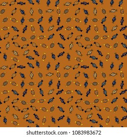 Sweet for textile, cards, web design: delicious realistic seamles background: graphic fantastic candy. Vector seamless pattern with candy in orange, black, blue, brown and yellow.