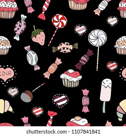 Sweet for textile, cards, web design: delicious realistic seamles background: graphic fantastic candy. Vector seamless pattern with candy in black, white and pink.