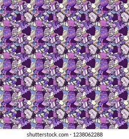 Sweet for textile, cards, web design: delicious realistic seamles background: graphic fantastic candy. Vector seamless pattern with candy in violet, black and white.